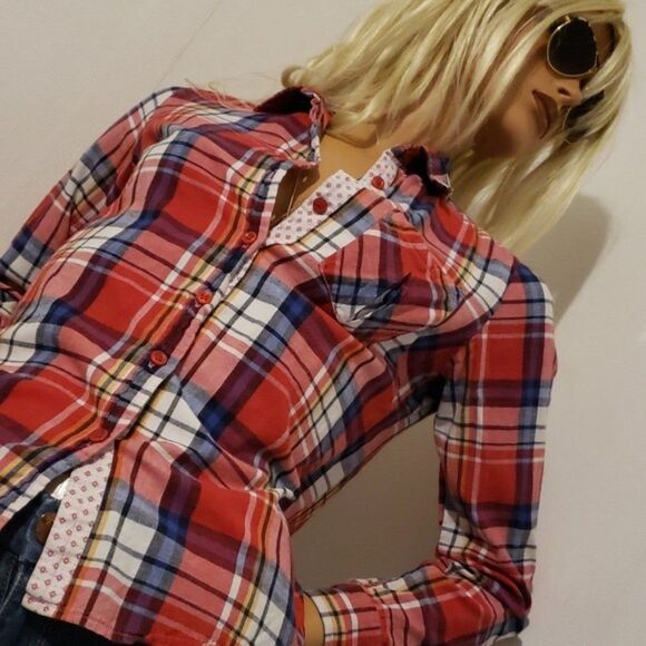Glam Dollz Brand Plaid Collared Button Down Shirt - Size Small - Picture 1 of 12